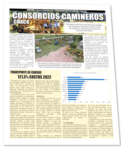 Página 03 de la Edición 2023 de la Revista Agropecuaria Nuevo Siglo - Entrega de equipamiento a los Consorcios Camineros del Chaco.