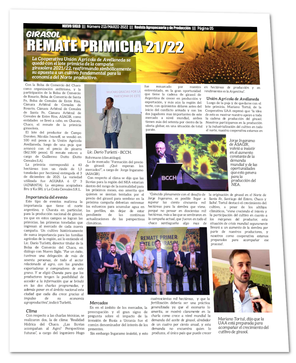 Página 05 de la Revista Agropecuaria Nuevo Siglo, Marzo 2022, remate del lote primicia de girasol.