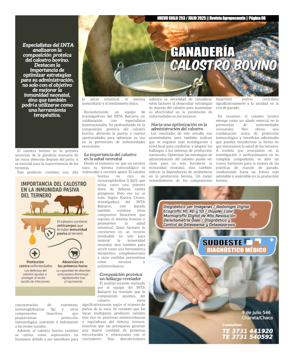 Art&iacute;culo sobre el Calostro Bovino en la Revista Agropecuaria Nuevo Siglo.