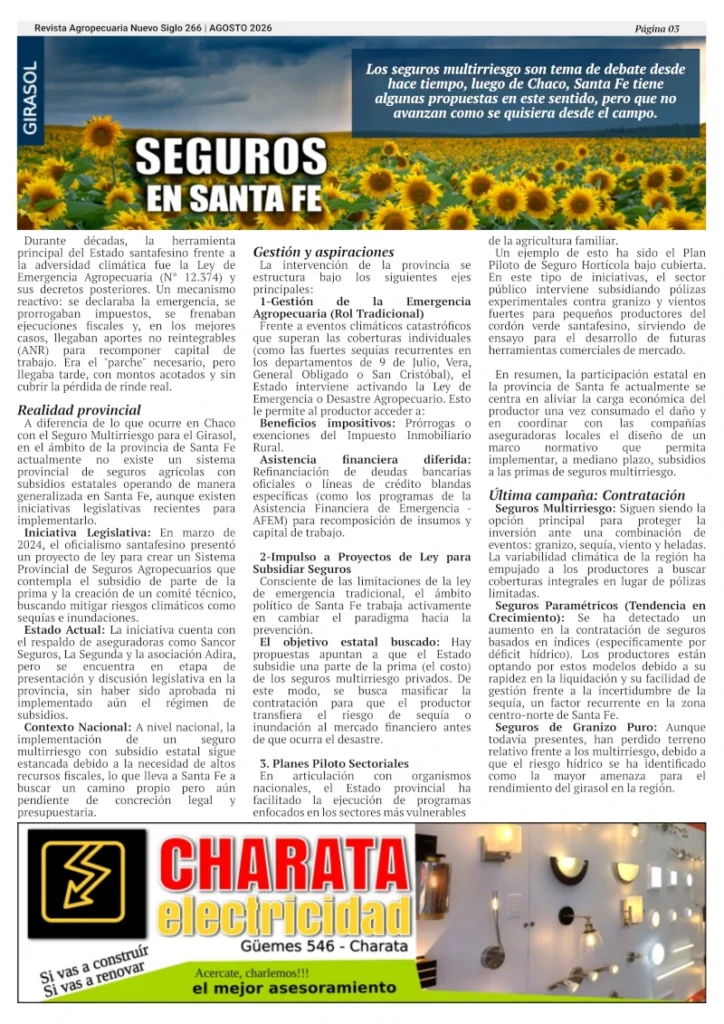 Situación del seguro para girasol en Santa Fe