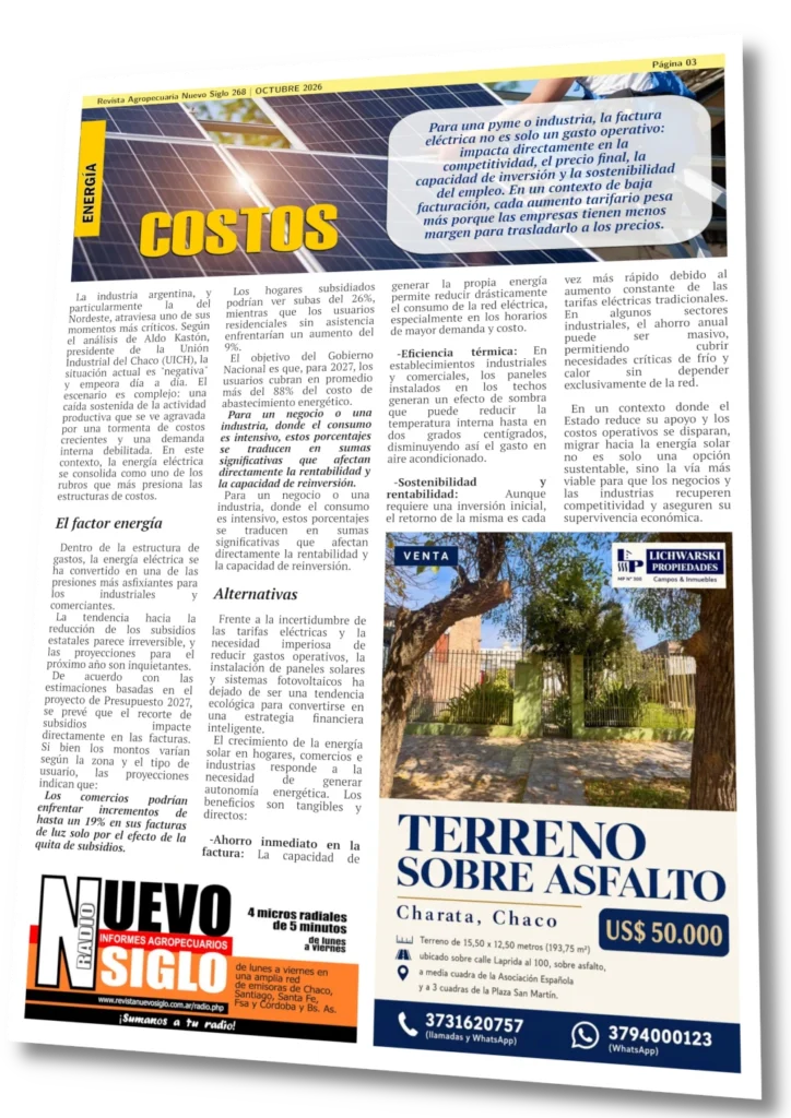 Energía, costos. Revista Agropecuaria Nuevo Siglo Octubre 2026